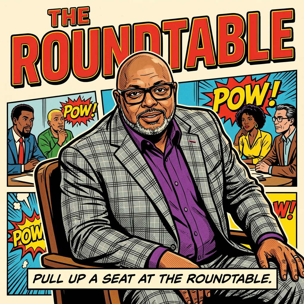 Make a image for cartoon magazine cover called The Roundtable.  Across the bottom of the cover it should say Pull Up a Seat at The Roundtable.