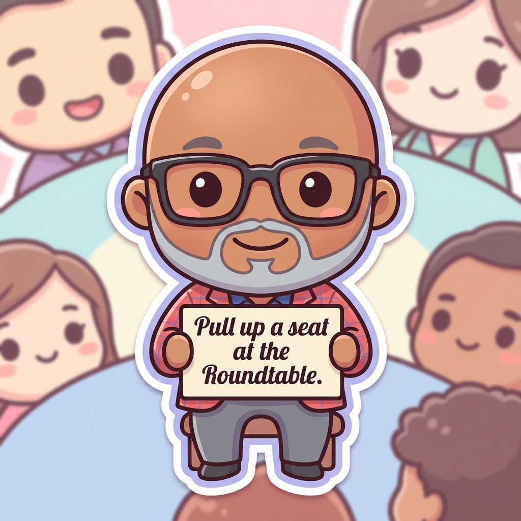 Make an image holding a sign that says 𝘗𝘶𝘭𝘭 𝘶𝘱 𝘢 𝘴𝘦𝘢𝘵 at the 𝗥𝗼𝘂𝗻𝗱𝘁𝗮𝗯𝗹𝗲 