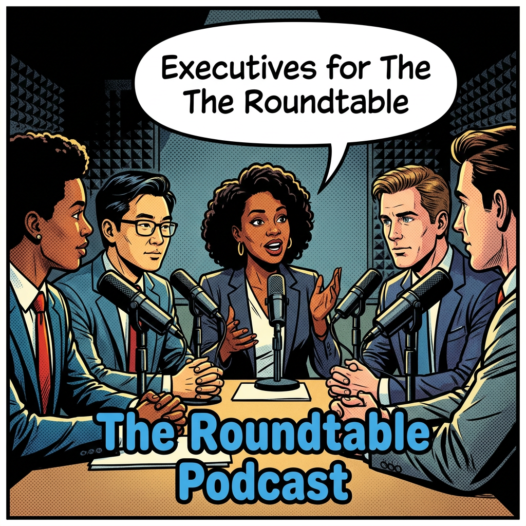 A group of business executives (mixed race) are guest on The Roundtable podcast.  They are  the  discussing with the host about young entrepreneurs who are making better moving to our AI-powered system.