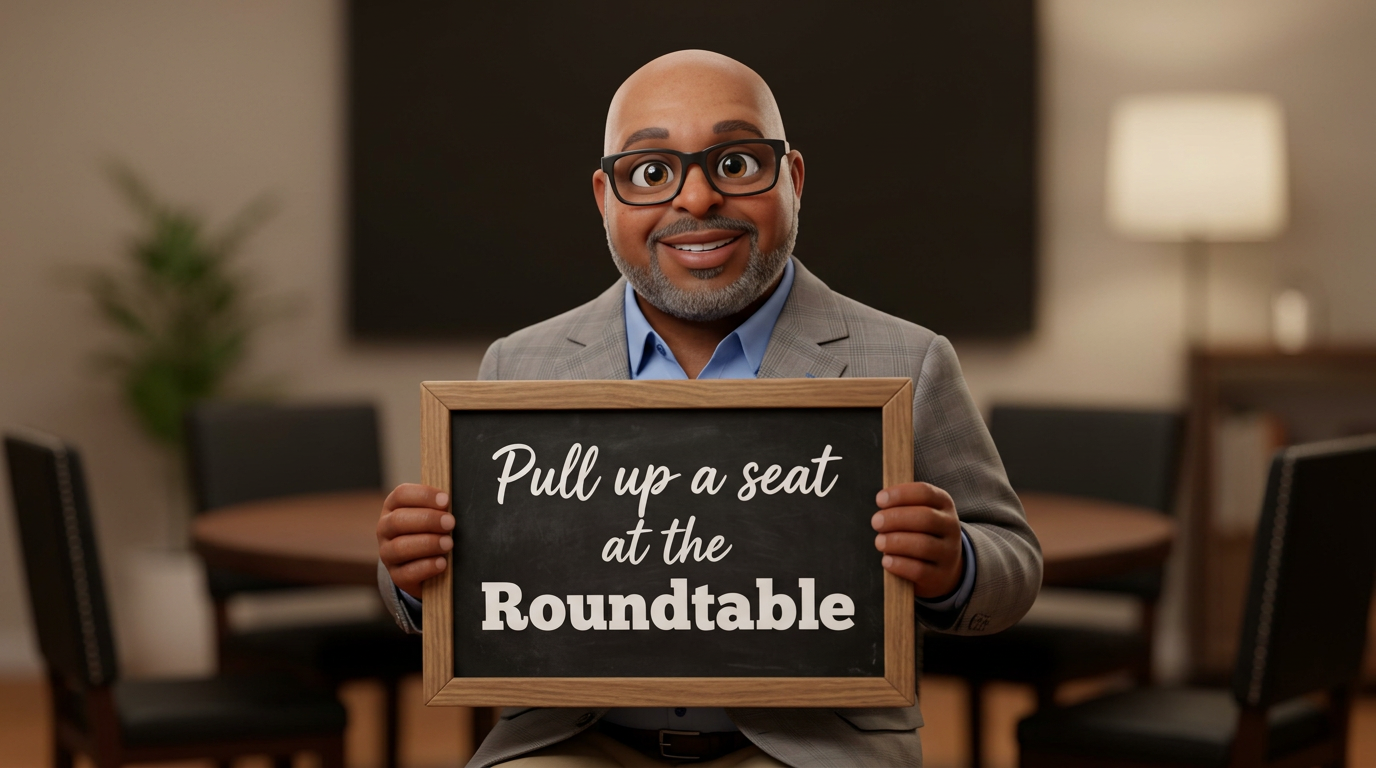 Make an image holding a sign that says 𝘗𝘶𝘭𝘭 𝘶𝘱 𝘢 𝘴𝘦𝘢𝘵 at the 𝗥𝗼𝘂𝗻𝗱𝘁𝗮𝗯𝗹𝗲 