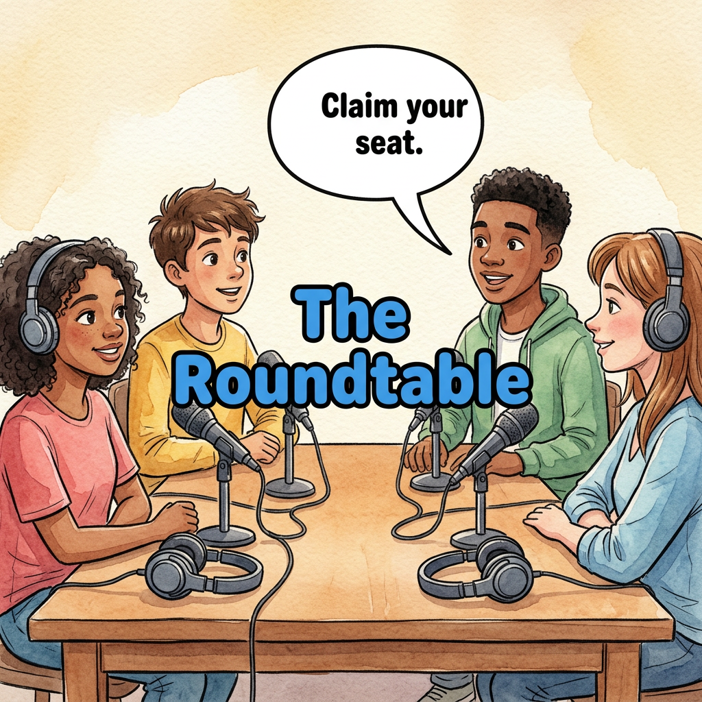 A group of teenagers (mixed race) are guest on The Roundtable podcast.  They are  the  discussing with the host about young entrepreneurs who are making better moving to our AI-powered system.