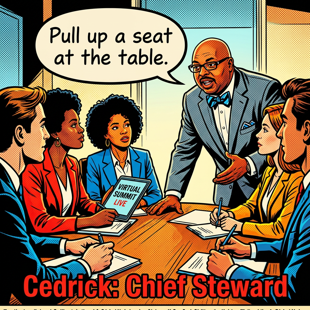 Cedrick standing at the Roundtable talking to his team about the Live Virtual Summit.