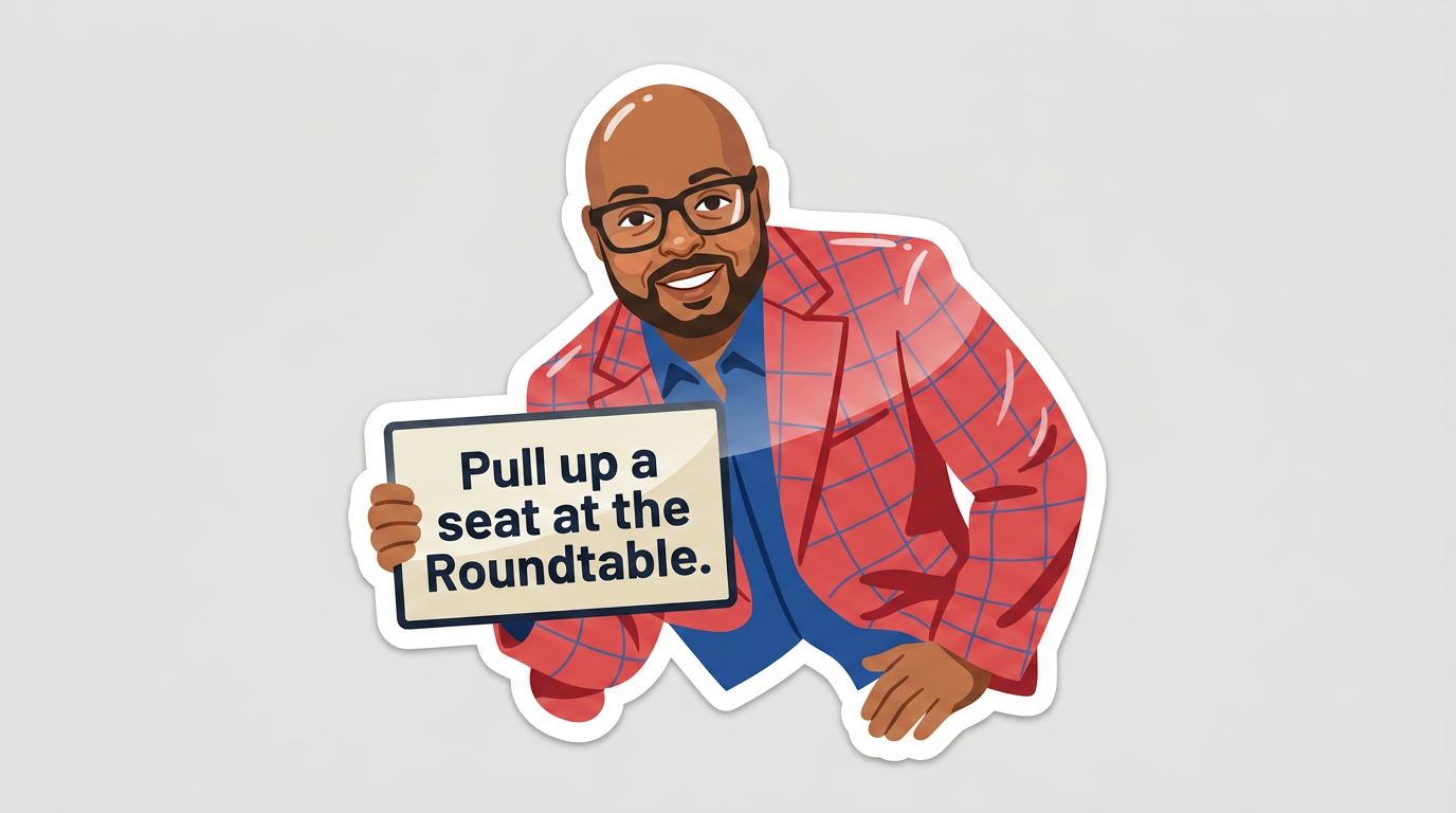 Make an image holding a sign that says 𝘗𝘶𝘭𝘭 𝘶𝘱 𝘢 𝘴𝘦𝘢𝘵 at the 𝗥𝗼𝘂𝗻𝗱𝘁𝗮𝗯𝗹𝗲 