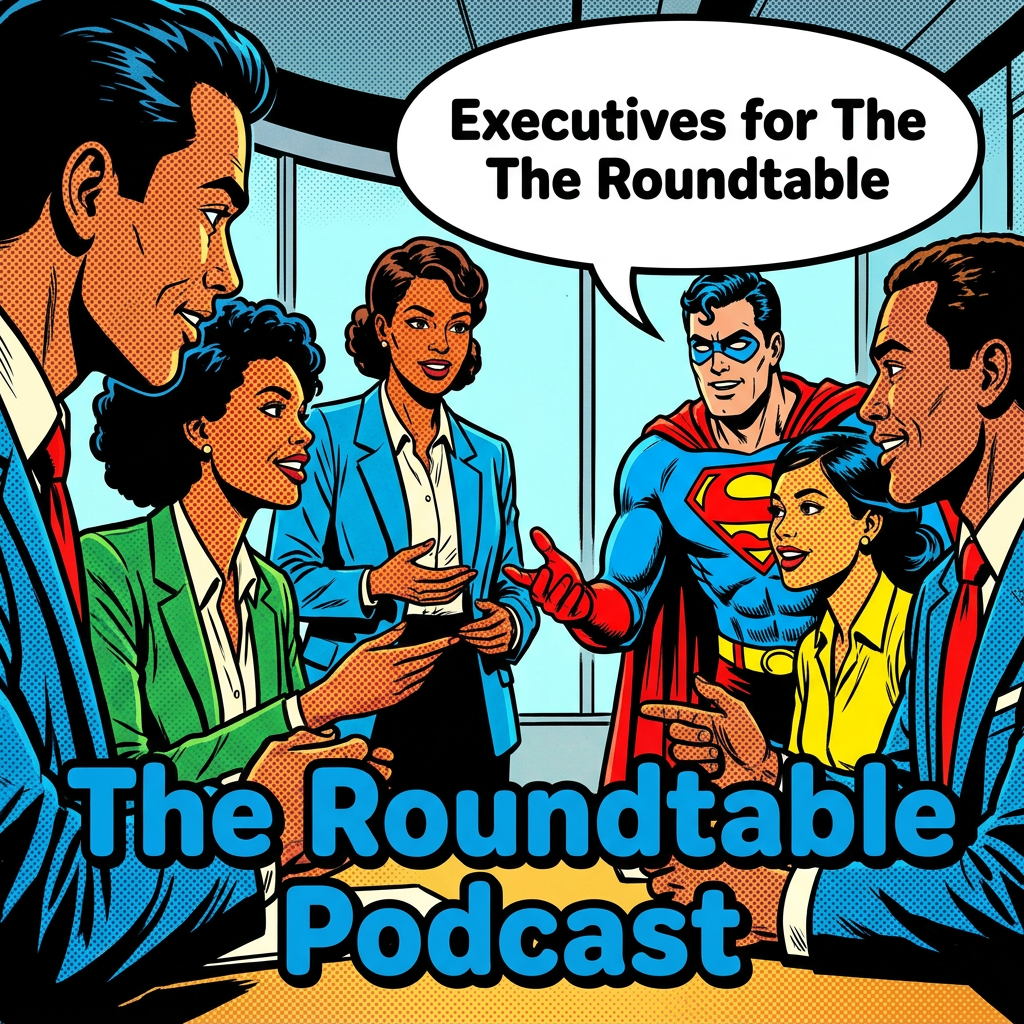 A group of business executives (mixed race) are guest on The Roundtable podcast.  They are  the  discussing with the host about young entrepreneurs who are making better moving to our AI-powered system.
