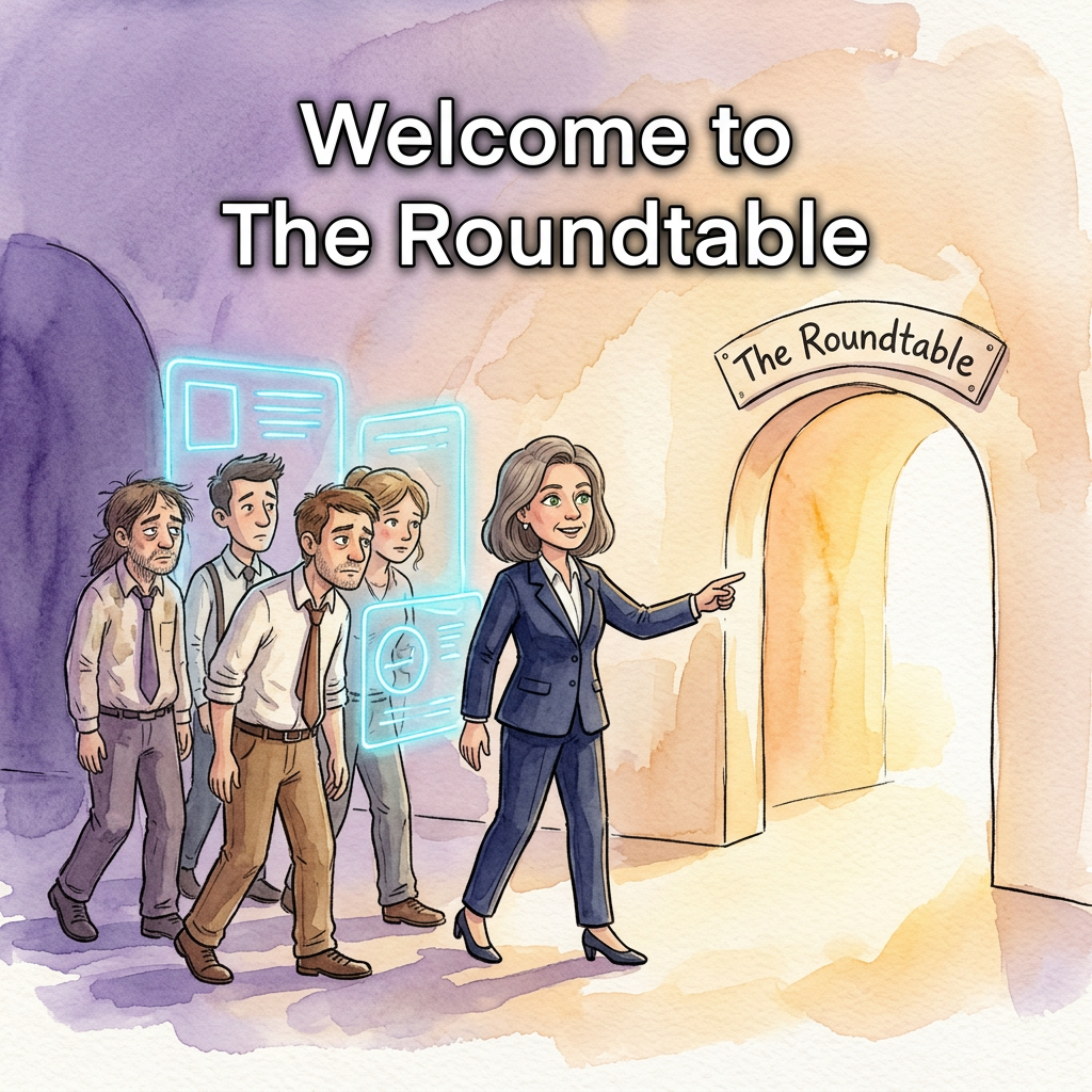 In a whimsical storybook illustration, a confident businesswoman in a sharp navy suit gently guides her weary, disheveled co-workers past glowing, neon-blue holographic dead-ends. She points reassuringly toward a bright archway labeled "The Roundtable" spilling warm golden light. Their tired expressions turn to hope as cold purple shadows transition into a comforting, soft palette of amber, cream, and inviting warmth.
