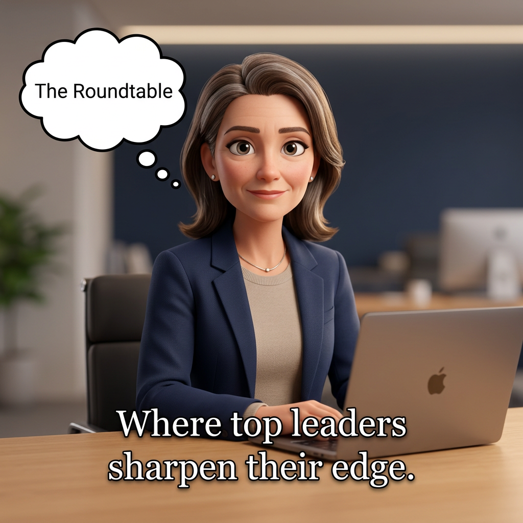 3D Toon style, modern professional founder sitting at a clean minimalist oak desk with a laptop, calm confident expression, dressed in smart casual blazer, warm soft studio lighting, navy and neutral color palette, corporate tech aesthetic, highly detailed.