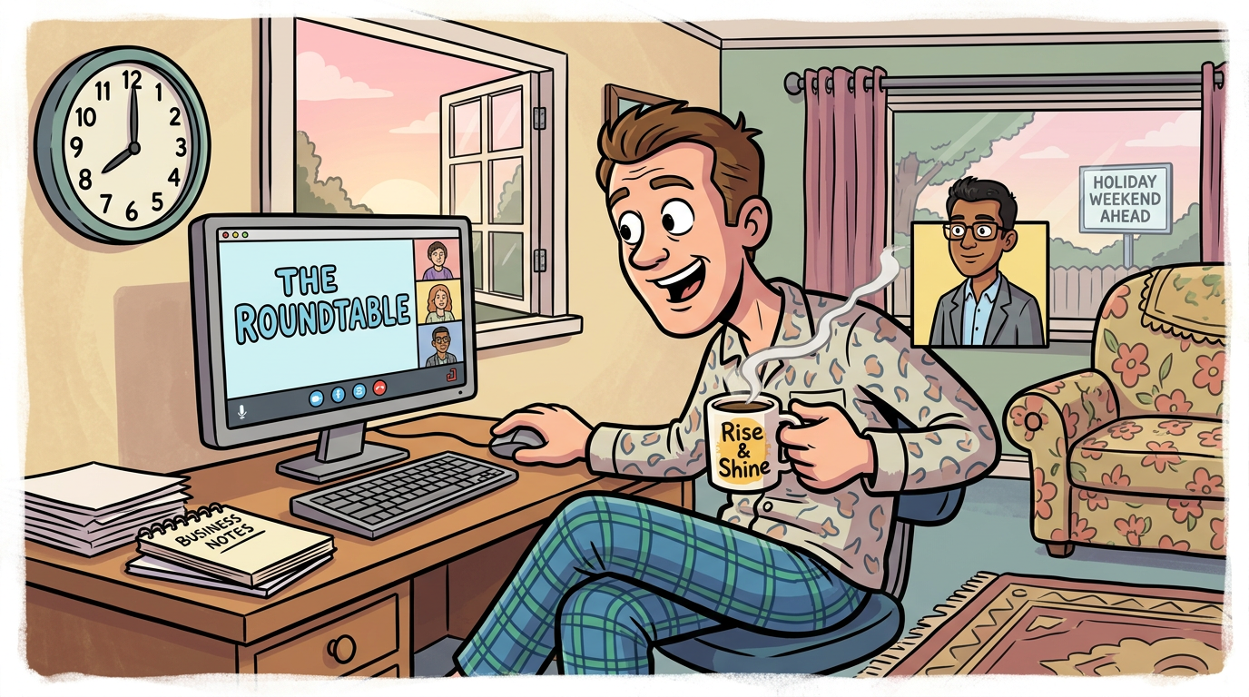A business person in his early 40's waking up early in the morning to attend an 8am zoom meeting. A clock should read as 8am. He has a cup of coffee and is wearing comfortable but stylish pajamas. He is engaged and excited to learn before he begins his 3 day holiday weekend. He will go to work armed with the information he is learning to help his business leadership grow. On the computer screen he is watching, he sees the words "The Roundtable".