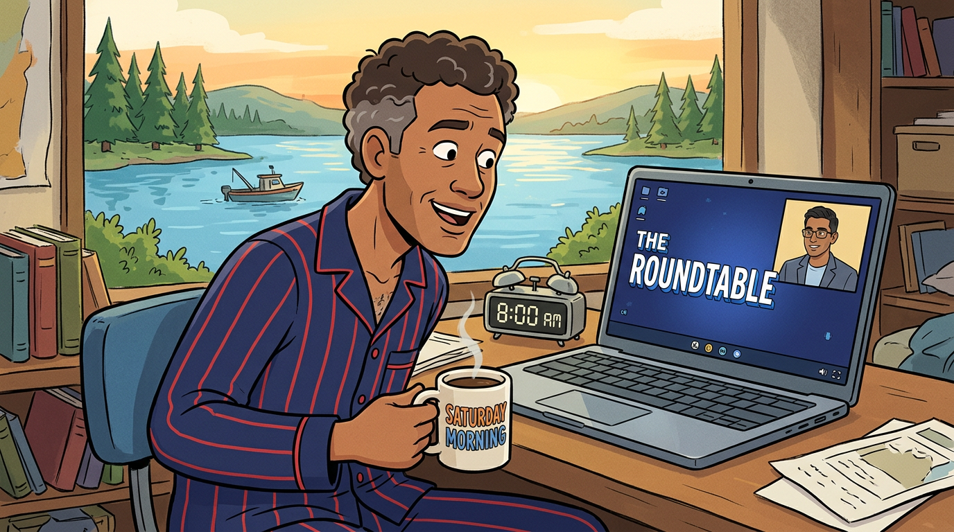 A business person of mixed ethnicity in his early 40's waking up early on a weekend morning to attend an 8am zoom meeting. A clock should read as 8am. He has a cup of coffee and is wearing comfortable but stylish navy blue pajamas with red pinstripes. He is engaged and excited to learn before he begins his 3 day holiday weekend. The scene outside the house is of a lake that he will be enjoying soon and possibly fishing. He will go to work armed with the information he is learning to help his business leadership grow. On his sleek modern computer screen he is watching, he sees the words "The Roundtable".