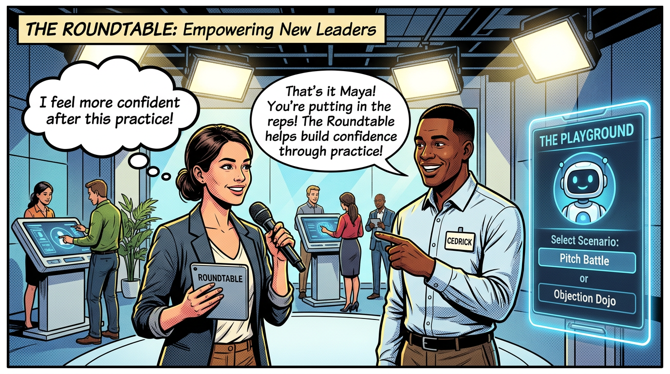 A vibrant single-panel graphic novel comic scene set inside a modern executive studio workspace. At the top of the image there is a prominent decorative banner reading "THE ROUNDTABLE: Empowering New Leaders. On the right side, a sleek holographic display screen titled "THE PLAYGROUND" shows a friendly AI bot interface with menu options for "Select Scenario: Pitch Battle" and "Objection Dojo". In the foreground, Maya, holds a microphone and a tablet labeled "ROUNDTABLE" is delivering a pitch, with a speech bubble that says "...and our strategy ensures scalability! I feel more confident after this practice!". Facing her is a supportive African American male executive wearing a nametag "CEDRICK" pointing encouragingly with a speech bubble saying "That's it Maya! You're putting in the reps! The Roundtable helps build confidence through practice!". In the background, other coaches and leaders are practicing at high-tech AI interactive kiosks under bright overhead studio lights. Comic book style, bold outlines, vibrant lighting.
