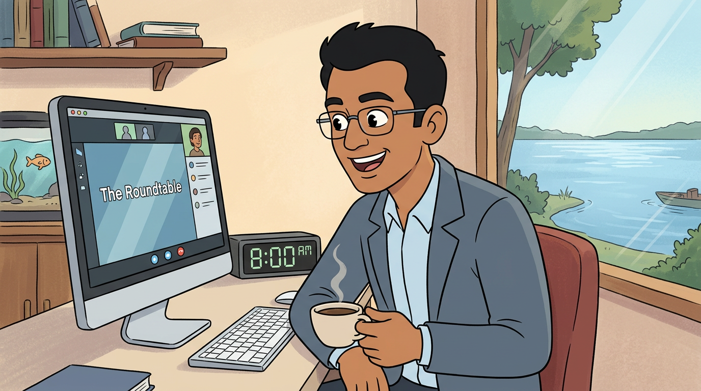 A business person of mixed ethnicity in his early 40's waking up early in the morning to attend an 8am zoom meeting. A clock should read as 8am. He has a cup of coffee and is wearing comfortable but stylish pajamas. He is engaged and excited to learn before he begins his 3 day holiday weekend. The scene outside the house is of a lake that he will be enjoying soon and possibly fishing. He will go to work armed with the information he is learning to help his business leadership grow. On his sleek modern computer screen he is watching, he sees the words "The Roundtable".
