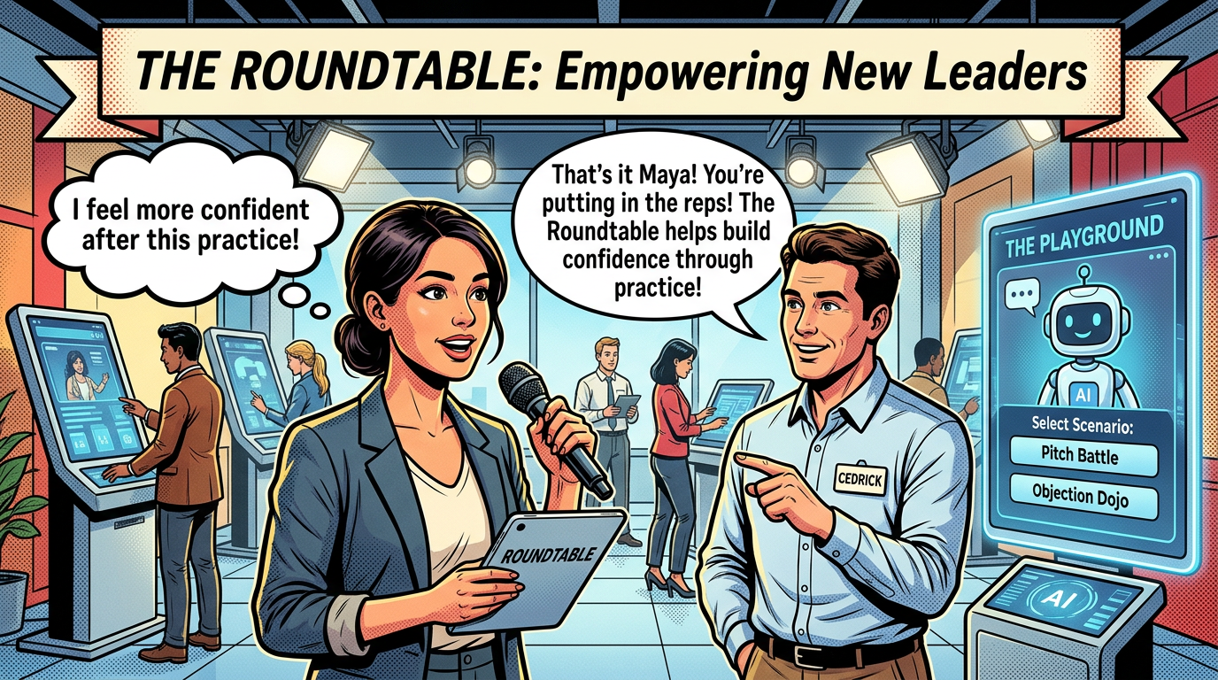 A vibrant single-panel graphic novel comic scene set inside a modern executive studio workspace. At the top of the image there is a prominent decorative banner reading "THE ROUNDTABLE: Empowering New Leaders. On the right side, a sleek holographic display screen titled "THE PLAYGROUND" shows a friendly AI bot interface with menu options for "Select Scenario: Pitch Battle" and "Objection Dojo". In the foreground, Maya, holds a microphone and a tablet labeled "ROUNDTABLE" is delivering a pitch, with a speech bubble that says "...and our strategy ensures scalability! I feel more confident after this practice!". Facing her is a supportive male executive wearing a nametag "CEDRICK" pointing encouragingly with a speech bubble saying "That's it Maya! You're putting in the reps! The Roundtable helps build confidence through practice!". In the background, other coaches and leaders are practicing at high-tech AI interactive kiosks under bright overhead studio lights. Comic book style, bold outlines, vibrant lighting.