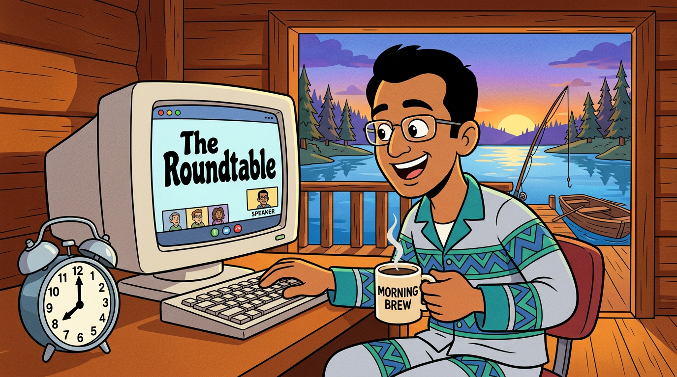 A business person of mixed ethnicity in his early 40's waking up early in the morning to attend an 8am zoom meeting. A clock should read as 8am. He has a cup of coffee and is wearing comfortable but stylish pajamas. He is engaged and excited to learn before he begins his 3 day holiday weekend. The scene outside the house is of a lake that he will be enjoying soon and possibly fishing. He will go to work armed with the information he is learning to help his business leadership grow. On the computer screen he is watching, he sees the words "The Roundtable".
