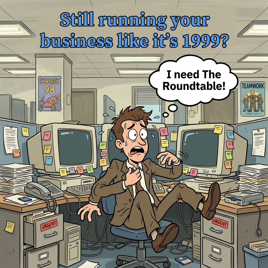 Retro 90s style, stressed business professional at a 1990s office cubicle with giant beige CRT computer monitors, covered in colorful sticky notes, overwhelmed expression, vintage corporate office background.